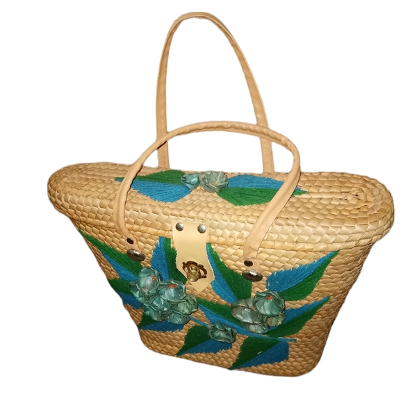 Handmade basket weave floral straw/leather purse - Picture 15 of 15